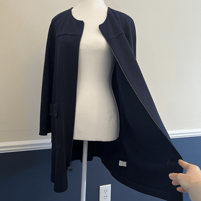 St. John Navy Blue Wool Blend Full Zip 3/4 Sleeve Knit Jacket Blazer Size Large