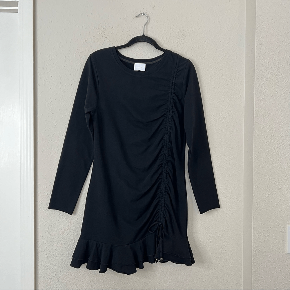 Anthropologie Sundays Ramone Black Ruched Mini Dress Size Medium, Long Sleeve