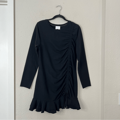 Anthropologie Sundays Ramone Black Ruched Mini Dress Size Medium, Long Sleeve