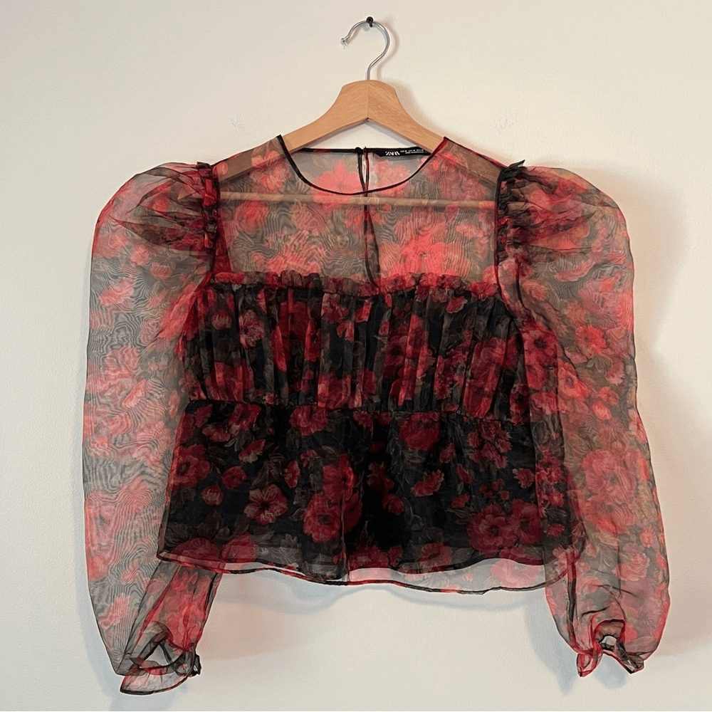 Zara Floral Sheer Organza Cropped Top Size Medium Whimsical Fairy Puff Sleeves
