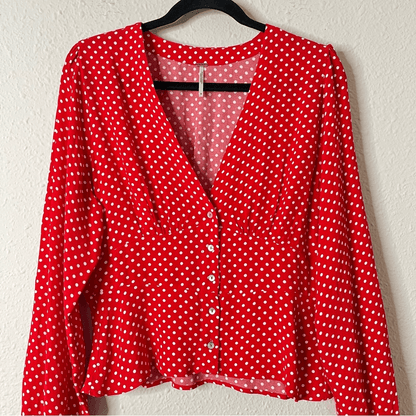 Free People Love Street Red White Polka Dot Long Sleeves Blouse M Retro Romantic