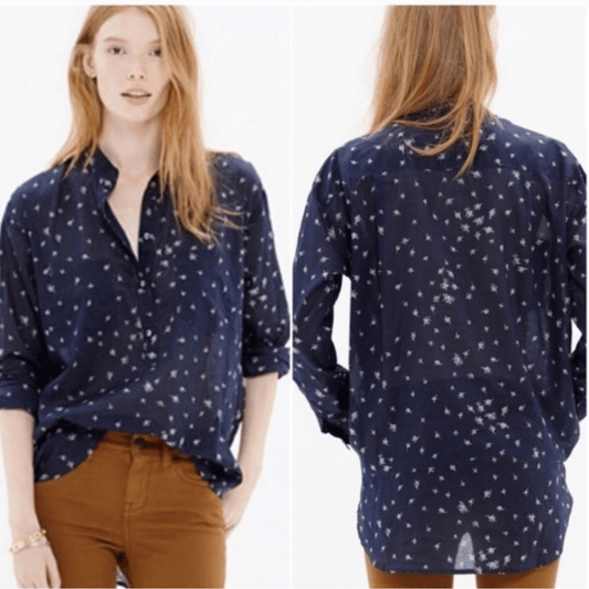 Madewell Blue Collarless Popover Shirt Rosebud Navy Blue Size Small