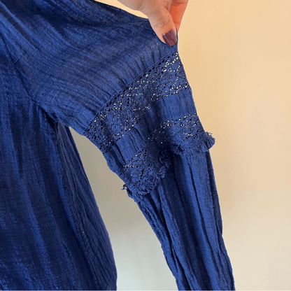 Sundance Gypsette Long Sleeve Crinkle Gauze Blouse in Blue Size Medium Tassel