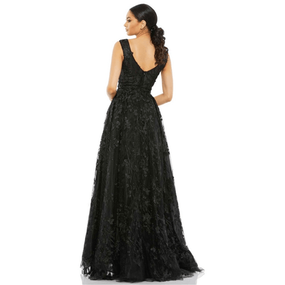 Mac Duggal Floral Embroidered Illusion V-Neck Gown Black Maxi Dress NEW Size 2