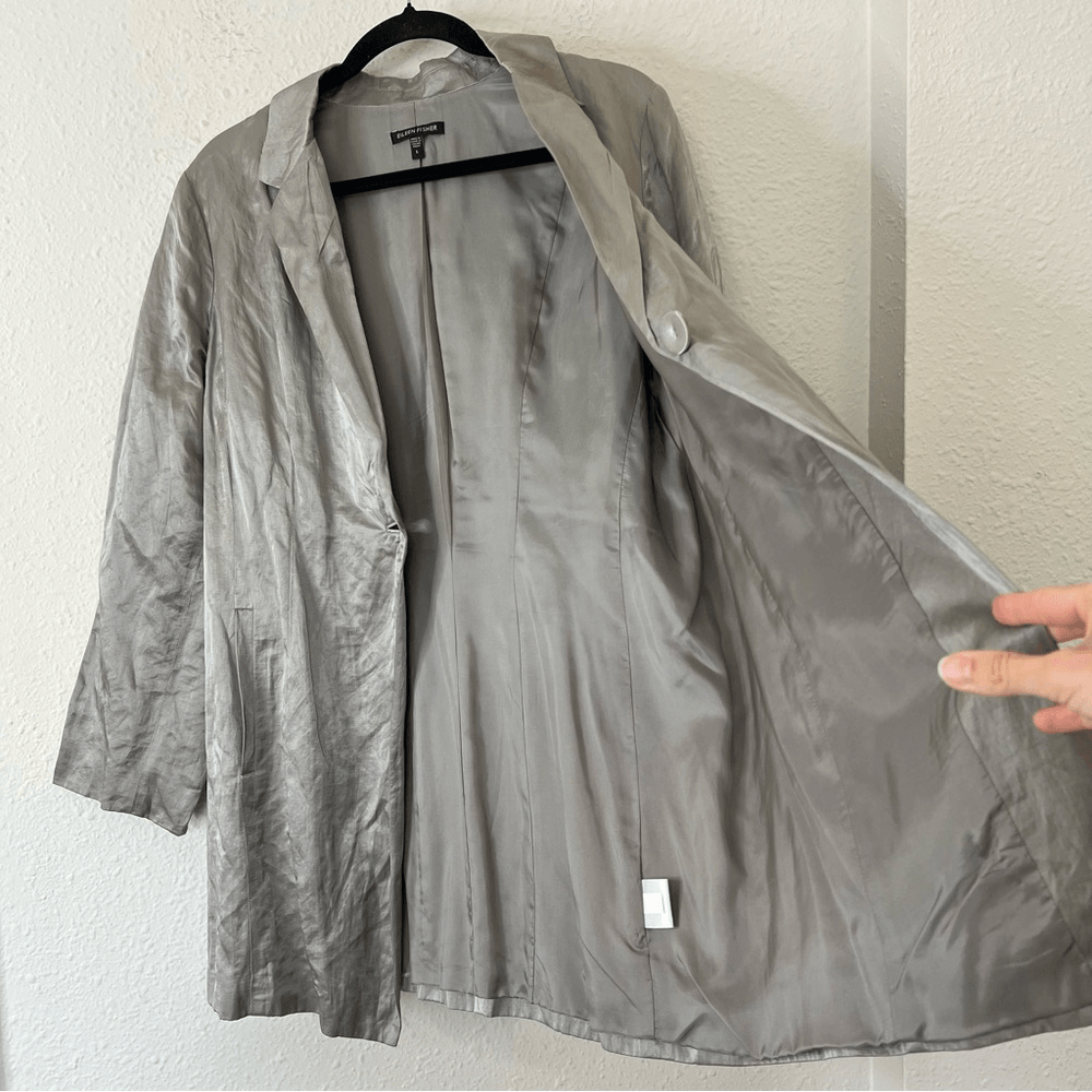 Eileen Fisher Steel Satin Long Blazer Jacket Size Large