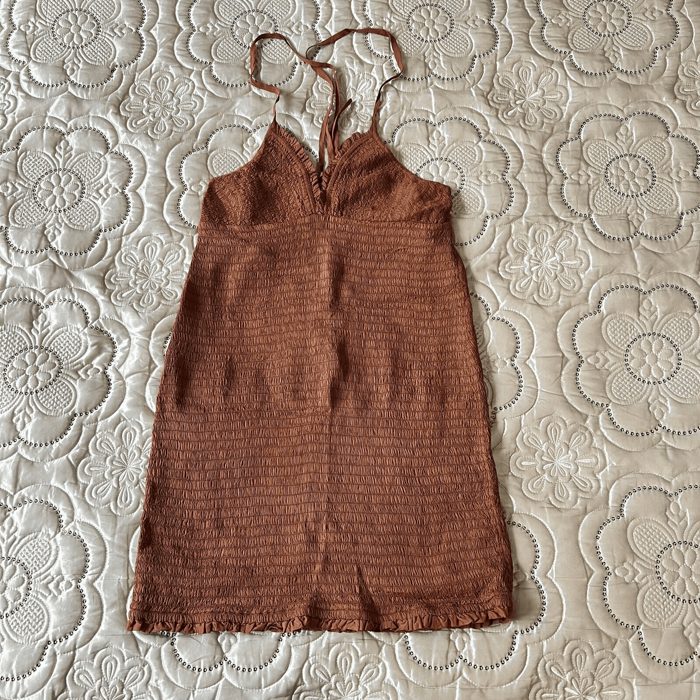 Anthropologie The Ellen Mini Dress Ruched Smocked Bodycon Sleeveless Brown L NEW