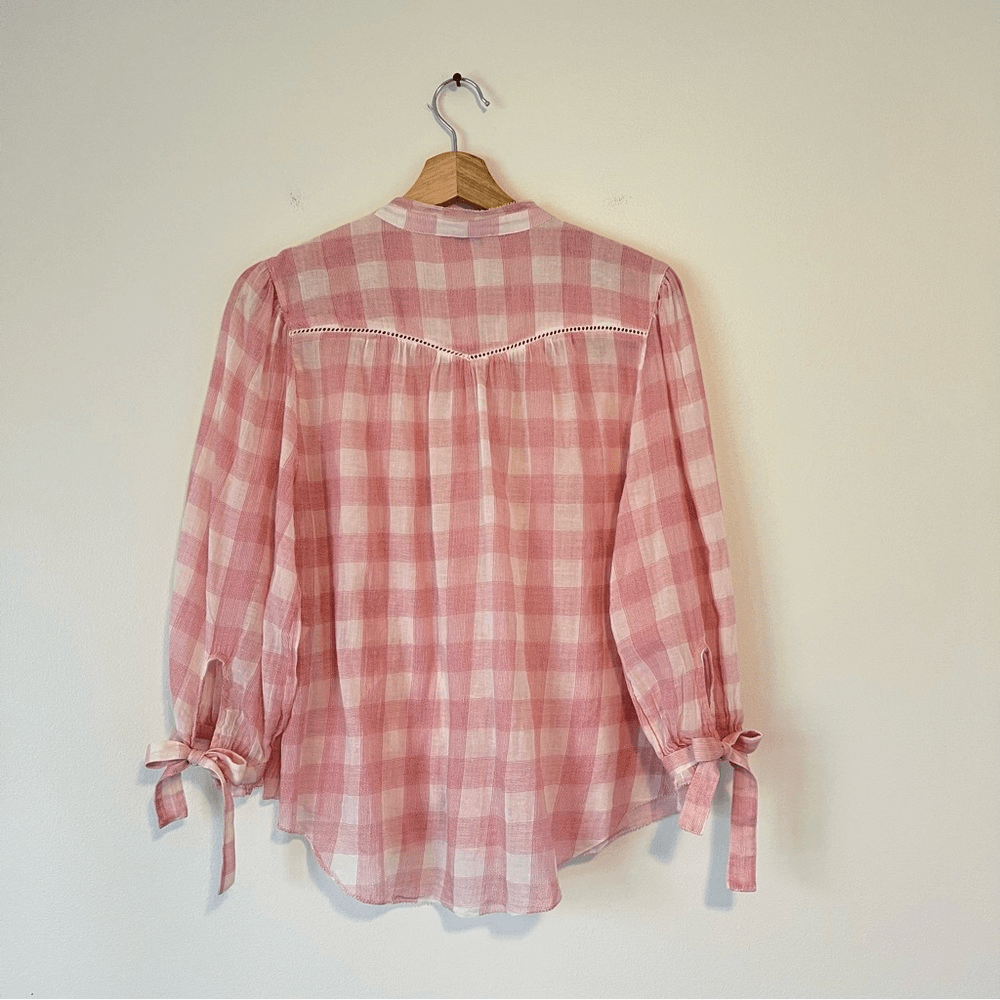 Sundance Risette Pink White Gingham Button Down Tie Sleeve Top Size XS
