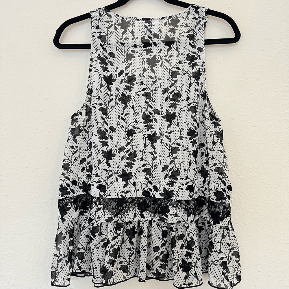 CAbi Everything Top Ruffle Hem Sheer Floral Bouquet Polka Dot Blouse Size Small