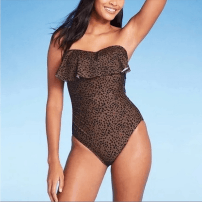 Kona Sol Swim Leopard Swimsuit Bandeau Flounce High Coverage One Piece NEW Small