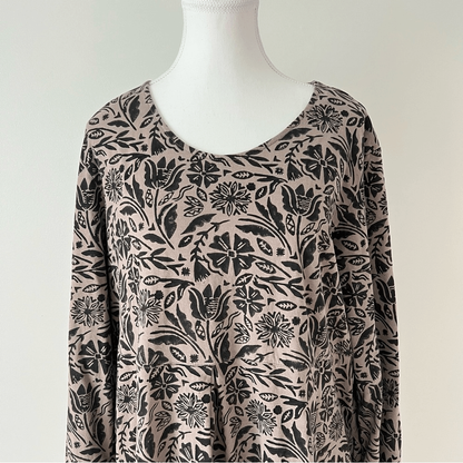 Gudrun Sjoden Floral Mini Tunic Dress Long Sleeve Size XL Brown & Black Pockets
