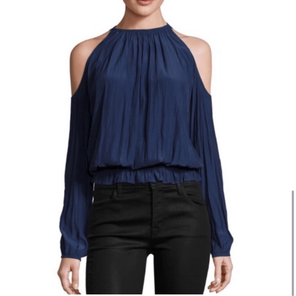 Ramy Brooks Lauren Cold Shoulder Blouse Navy Blue Size XS Long Sleeve