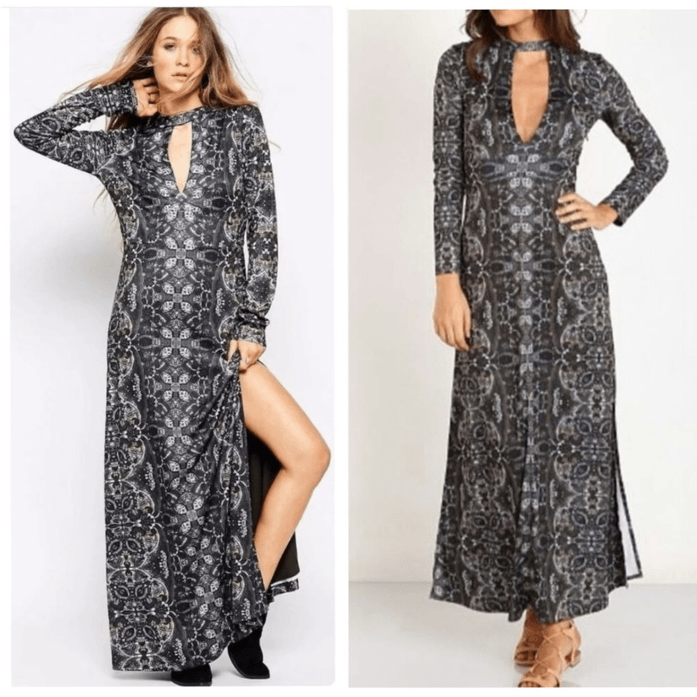 Free People Cabaret Paisley Floral Whimsical Cutout Maxi Long Sleeve Dress M