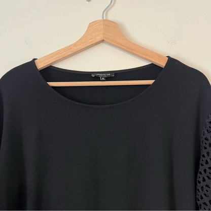 LAFAYETTE 148 Eyelet Sleeve Knit Top Black Lyocell Blend Boxy Fit
