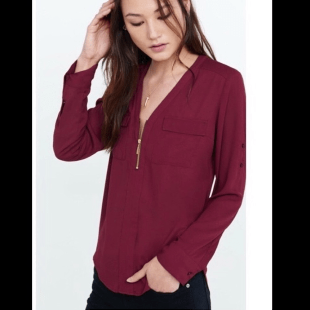 Express Long Sleeve V Neck Zip Front Shirt Blouse Size XS