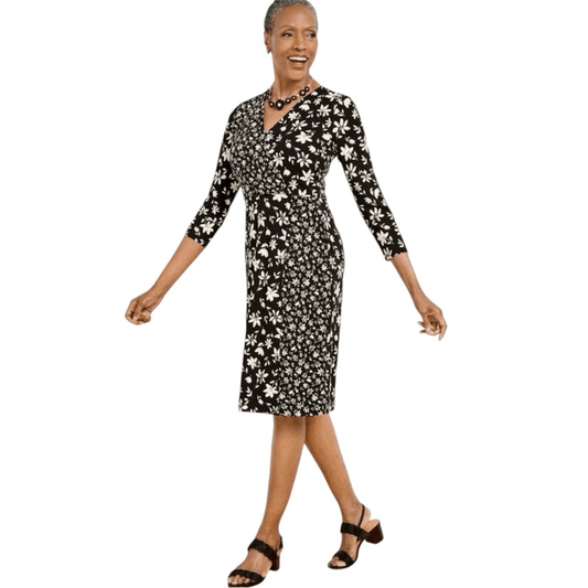 Talbots Bicolor Ditsy Wrap Jersey Black and White Floral Dress NEW Size XS