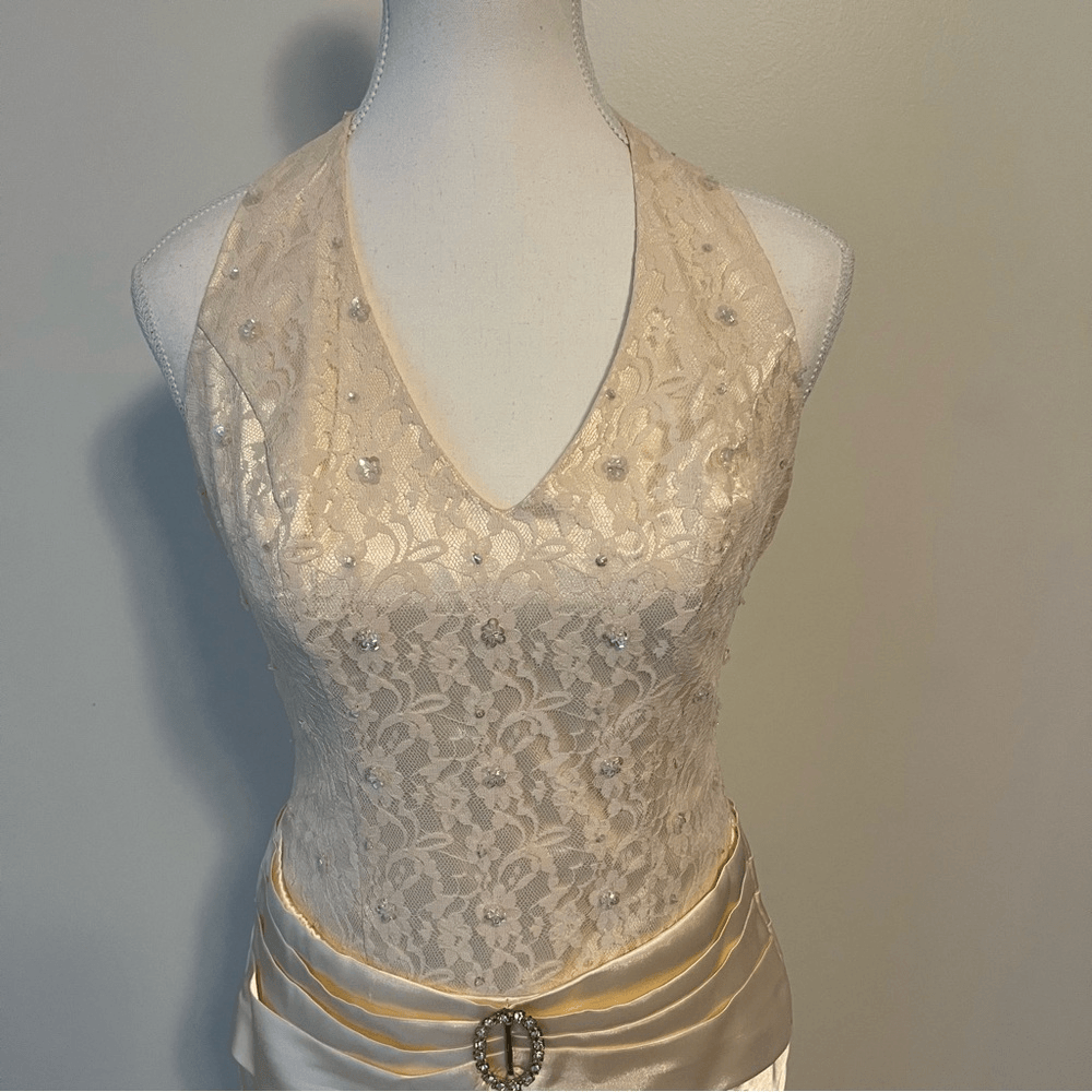 Vintage Butter Yellow Y2K Lace Satin Halter Maxi Dress Size 10