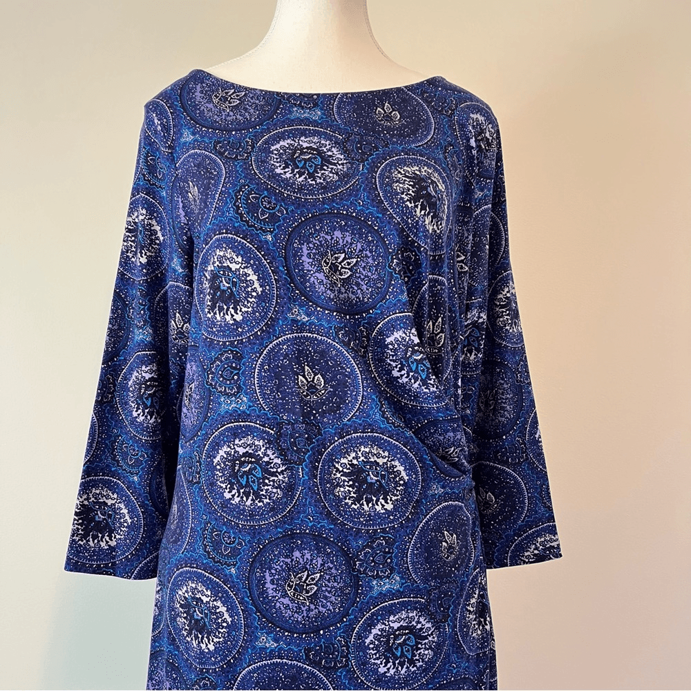 Talbots Printed Faux Wrap Dress Size Large 3/4 Sleeve Stretch Jersey