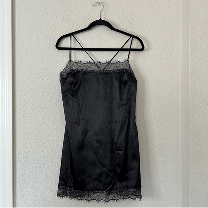 Meshki Satin Lace Trim Black Slip Mini Dress NEW Size Large