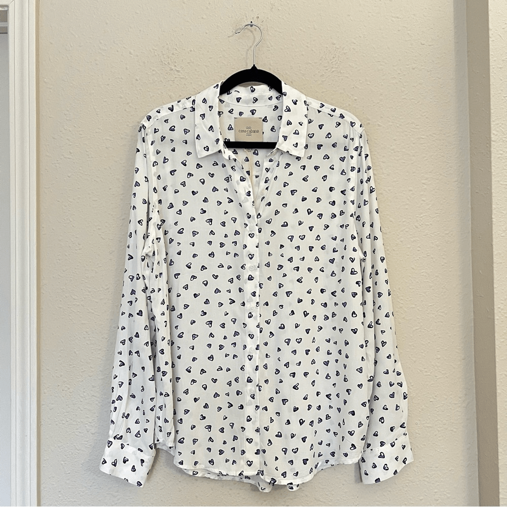 Casa Cabana Heart Print Long Sleeve Button Down Shirt Size Large Valentines Day