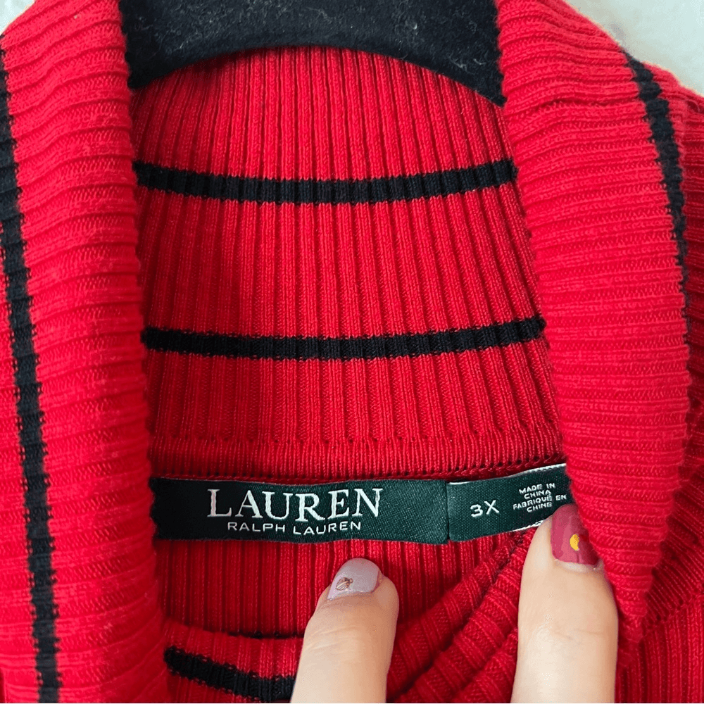 Lauren Ralph Lauren Striped Cotton Blend Ribbed Turtleneck Sweater Red Size 3X
