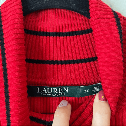 Lauren Ralph Lauren Striped Cotton Blend Ribbed Turtleneck Sweater Red Size 3X