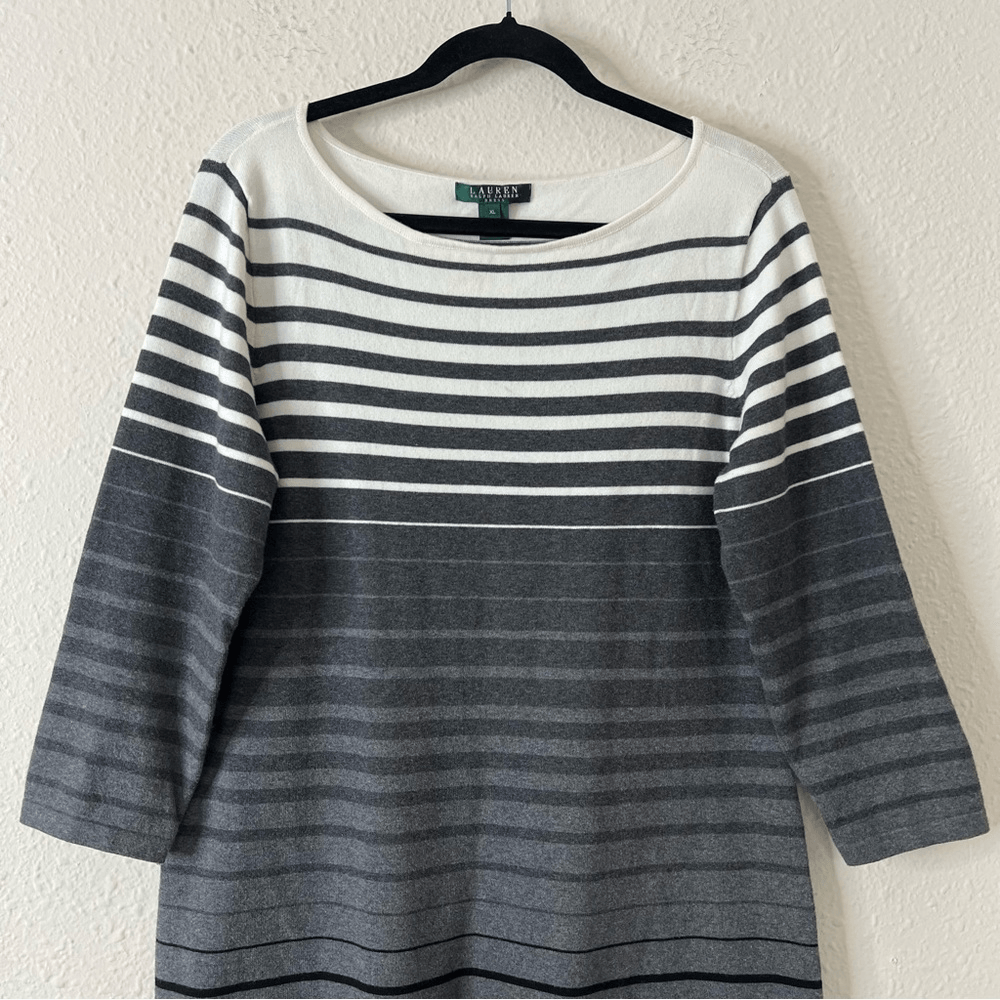 Lauren Ralph Lauren Black Gray & White Stripe 3/4 Sleeve Sweater Dress Size XL
