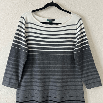 Lauren Ralph Lauren Black Gray & White Stripe 3/4 Sleeve Sweater Dress Size XL