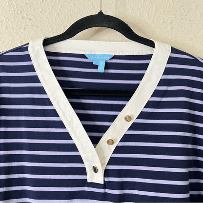 Draper James V-Neck Puff Sleeve Shirt in Nassau Navy Mariner Stripe Size XL