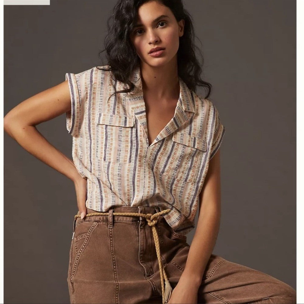 Anthropologie Cropped Stripes Utility Pullover Top NEW Size Small