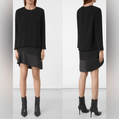 All Saints Long Sleeve Black Mini Dress Layered Asymmetrical Hem Size 0