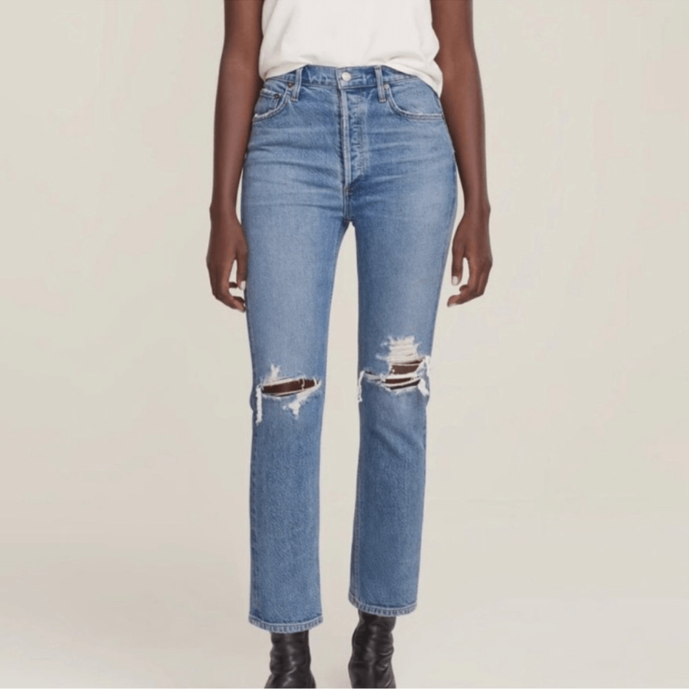 AGOLDE Riley High Rise Straight Crop Jeans Size 26 Medium Wash Distressed