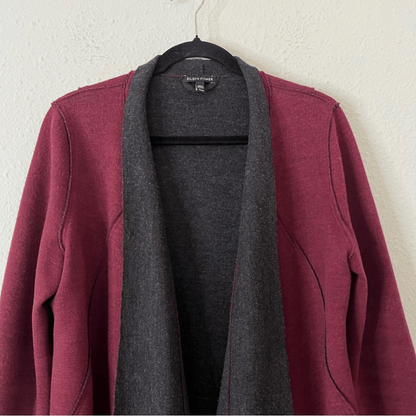 Eileen Fisher Burgundy Structured Moto Long Jacket Cardigan Medium Merino Wool