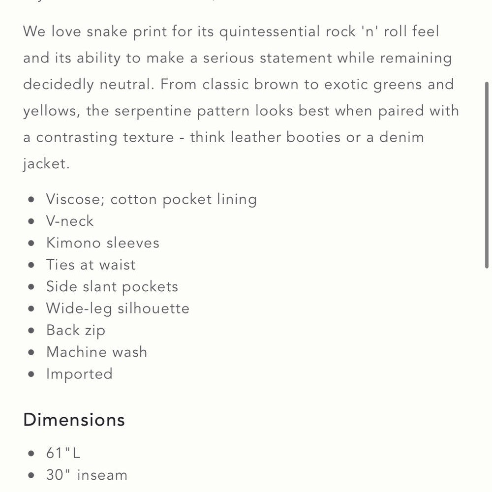 Anthropologie | Seen Worn Kept Snake-Printed Jumpsuit NEW Size 4