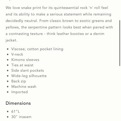 Anthropologie | Seen Worn Kept Snake-Printed Jumpsuit NEW Size 4