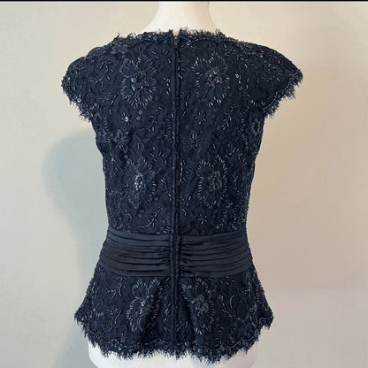 Tadashi Collection Sequin Beaded Navy Blue Top Blouse Size 8 Silk Embellishment