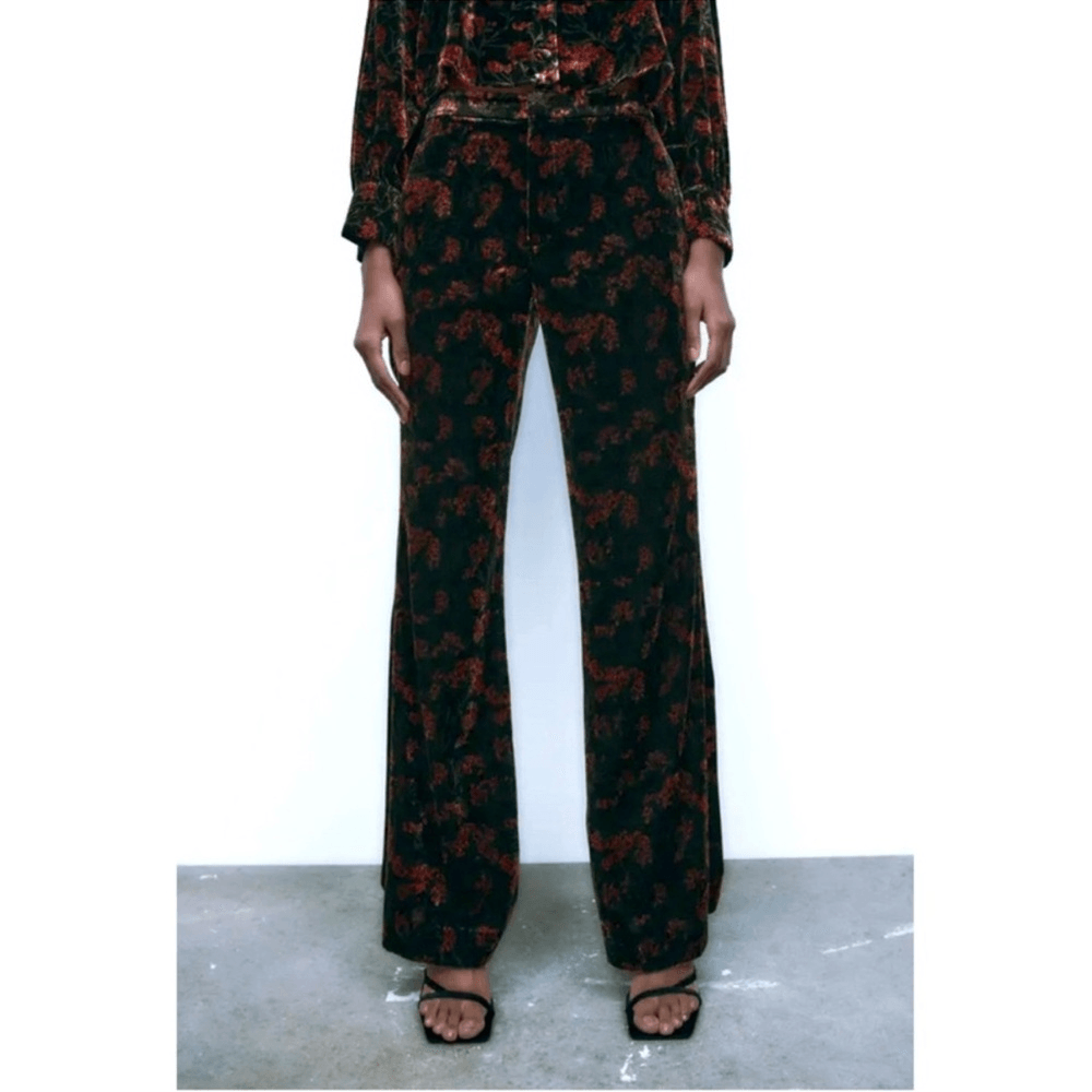 Zara The Charlotte Wide Leg Flare Floral Velvet Trouser  Pants Size Small
