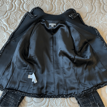 Ann Taylor Wool Blend Tweed Black Fringed Blazer Jacket Size 2 Petites