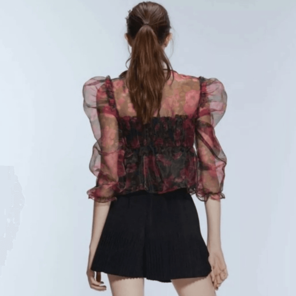 Zara Floral Sheer Organza Cropped Top Size Medium Whimsical Fairy Puff Sleeves