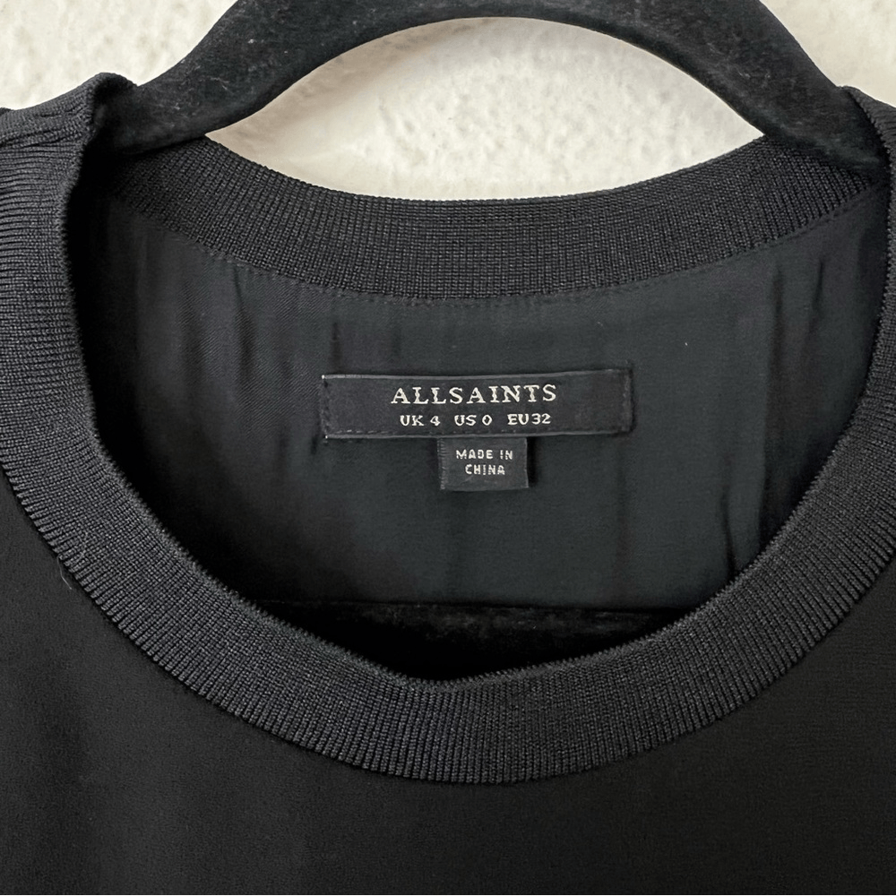 All Saints Long Sleeve Black Mini Dress Layered Asymmetrical Hem Size 0