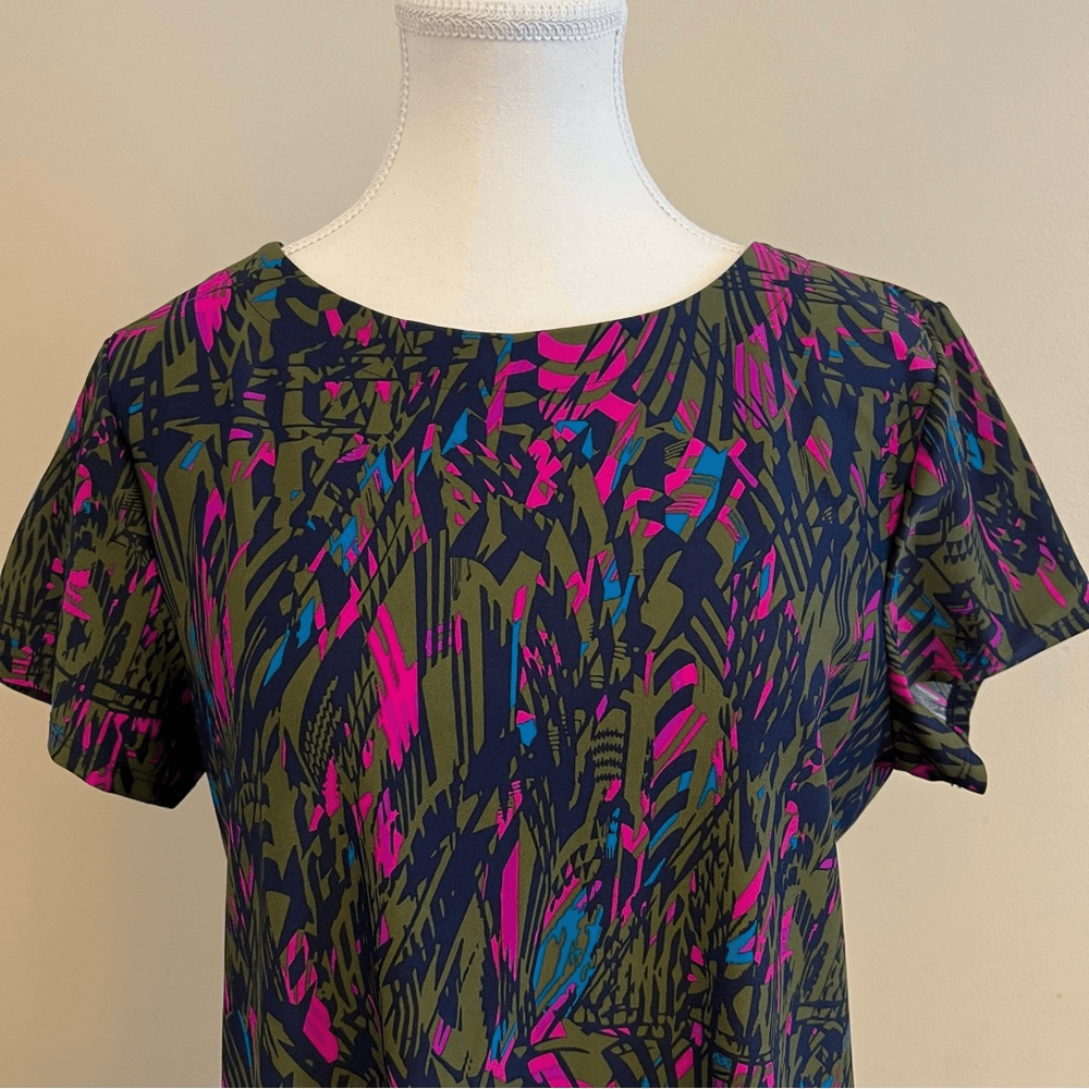 Jude Connally Abstract Feather Short Sleeve Shift Mini Dress Size Large