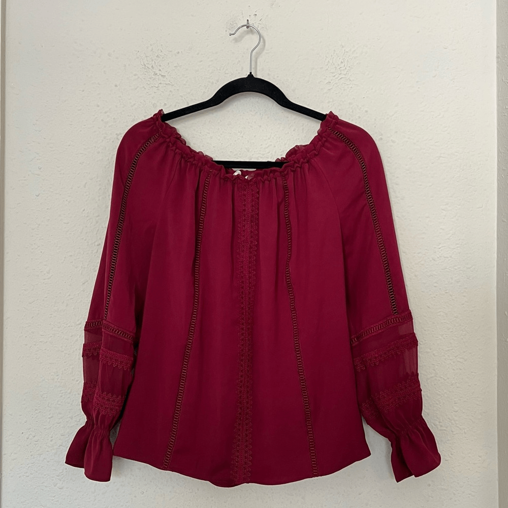 Ramy Brook Thea Off the Shoulder Long Sleeve Chiffon Blouse Top in Burgundy XS