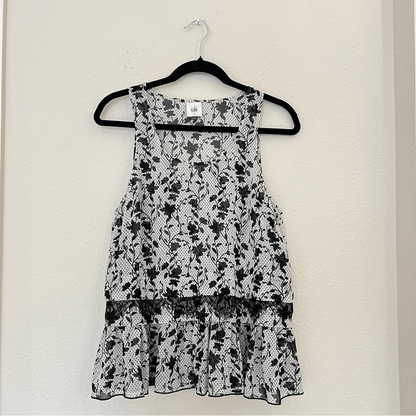CAbi Everything Top Ruffle Hem Sheer Floral Bouquet Polka Dot Blouse Size Small