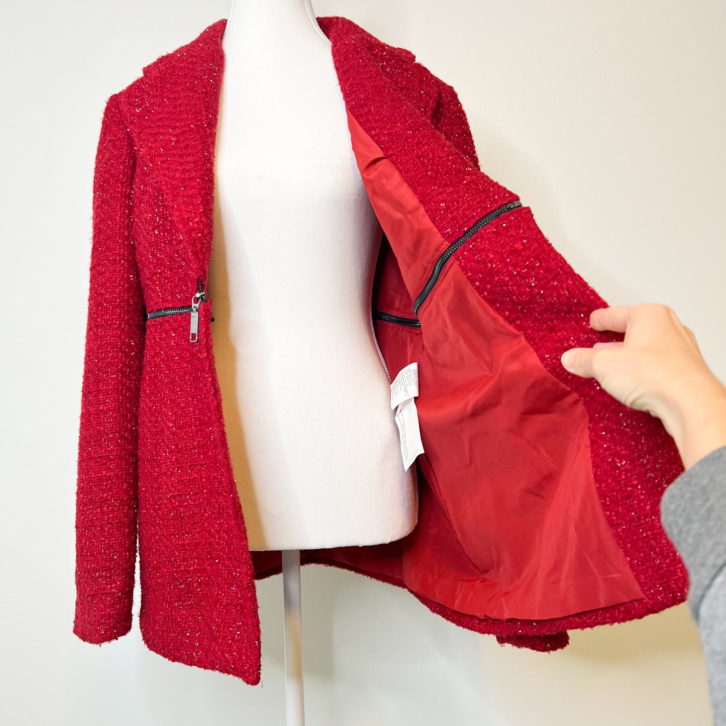 Joseph Ribkoff Red Metallic Tweed Blazer Jacket Size 14 Holiday Christmas