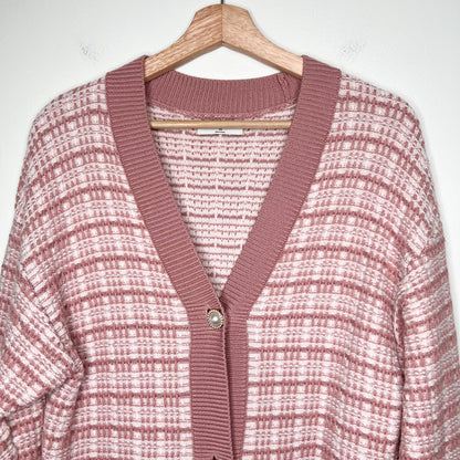 Babaton Aritzia 100% Merino Wool Lacer Plaid Cardigan Size XS Pink Pearl Buttons