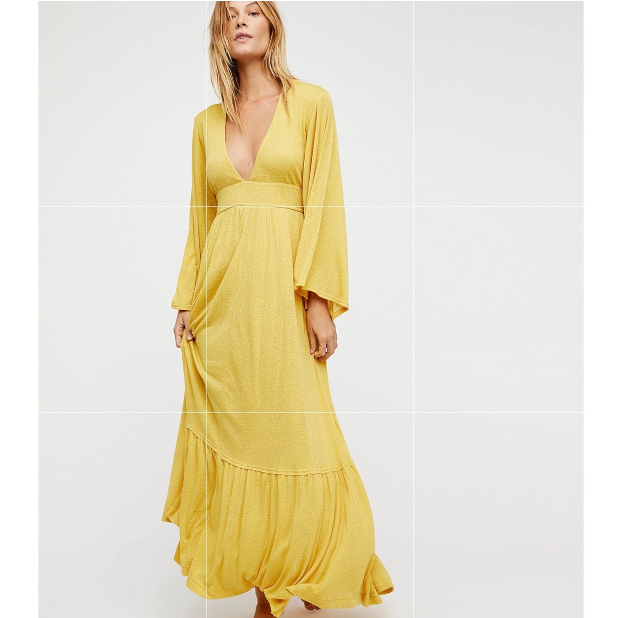 Free People Beach Moon Wakin Maxi Dress Yellow Mustard Boho Long Sleeve Small