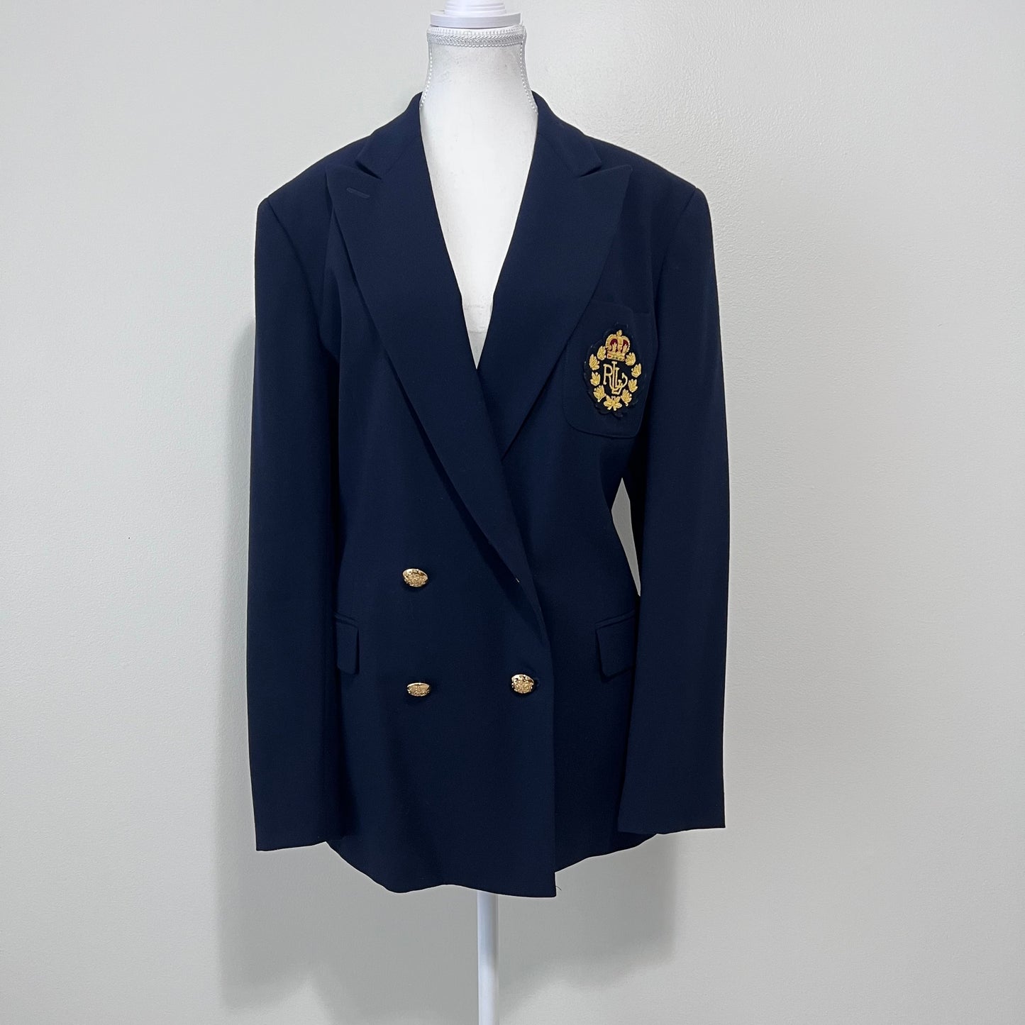 Lauren Ralph Lauren Blazer 14 Navy Wool Crest Logo Embroidered Emblem Jacket Academia