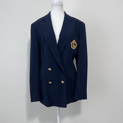 Lauren Ralph Lauren Blazer 14 Navy Wool Crest Logo Embroidered Emblem Jacket Academia