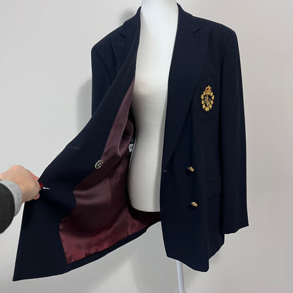 Lauren Ralph Lauren Blazer 14 Navy Wool Crest Logo Embroidered Emblem Jacket Academia