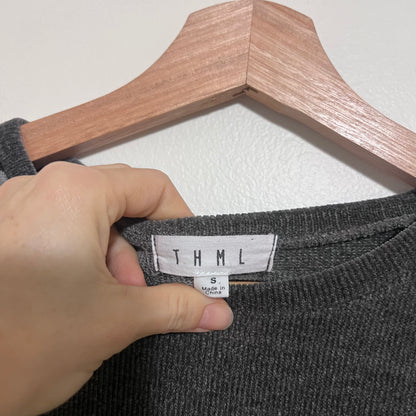 THML Sweater Womens Small Gray Black Raglan Leopard Sleeve Pullover Mixed Media