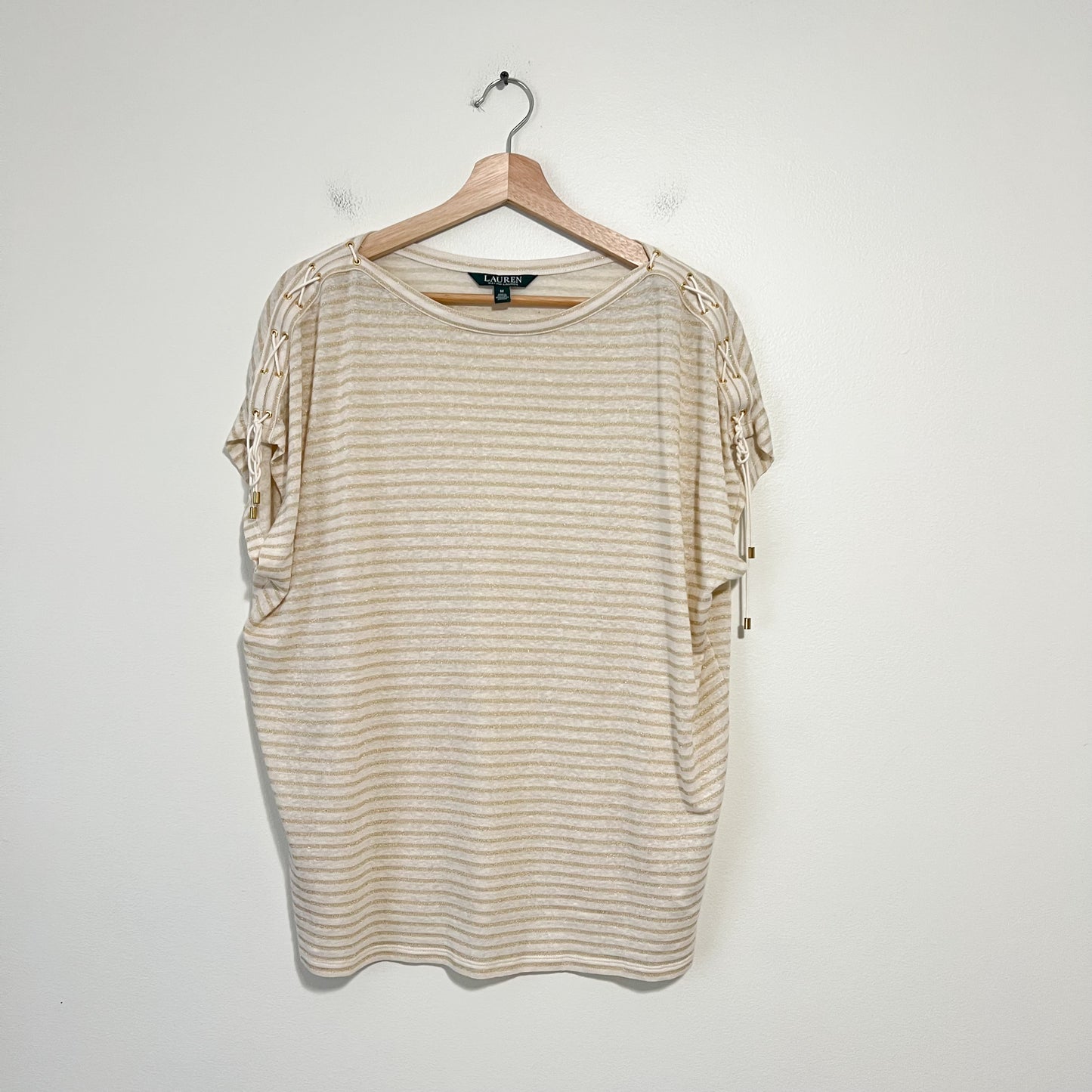 Lauren Ralph Lauren Metallic Gold Shimmer Boat Neck Short Sleeve Knit Top Size M